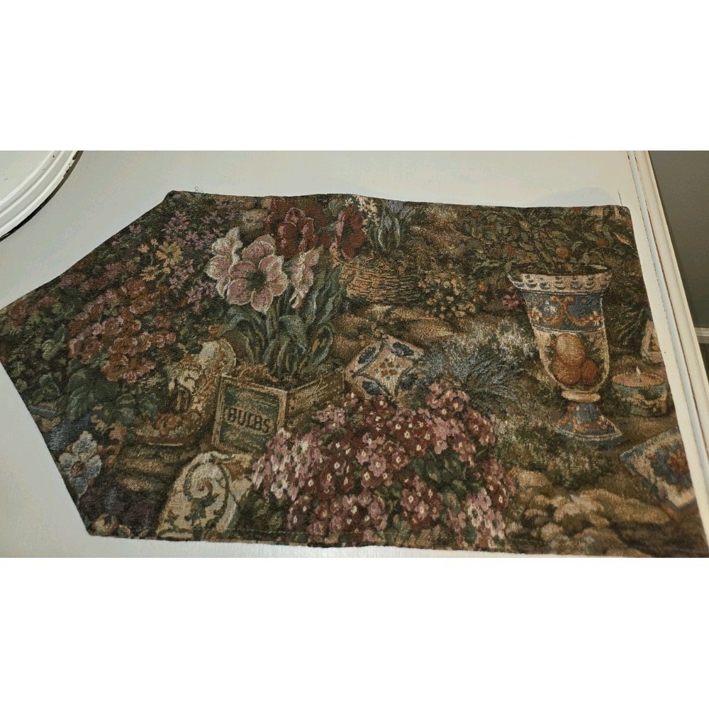 Vintage Woven Tapestry Table Runner Floral Garden Scene 50 Inch Multi Color